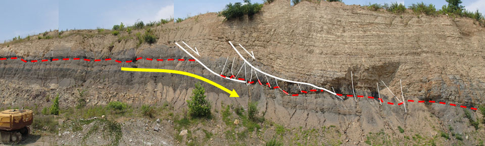 Photomosaic of outcrop exposure near Middlesboro, Ky., showing coal (red dashed line) dropping in elevation beneath a mixed sandstone and shale paleochannel. The coal is offset along small compactional faults (white).